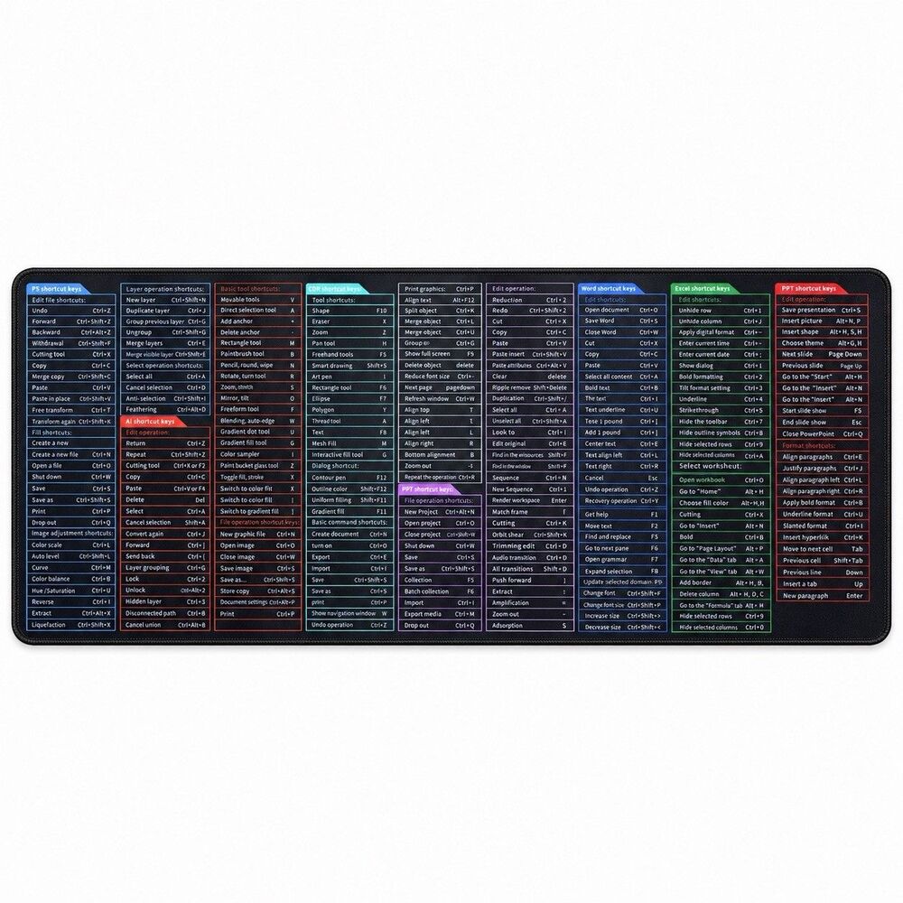 XXL Software Shortcut Desk Mat Mouse Pad Photoshop Word Excel Illustrator Gaming